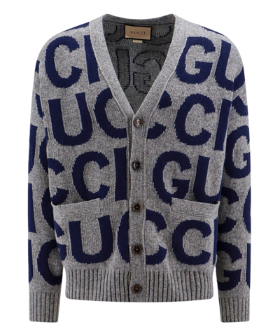 Gucci Logo-intarsia Wool Cardigan In Grey