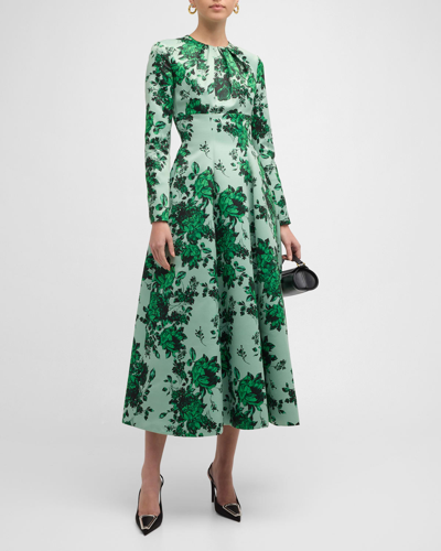 Shop Emilia Wickstead Brita Floral-print Long-sleeve Fit-&-flare Midi Dress In Green Festive Bou