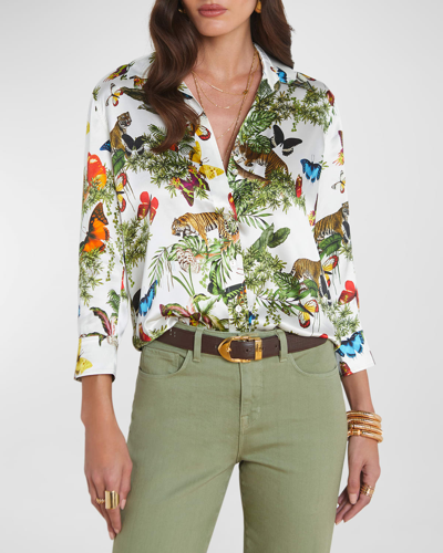 Shop L Agence Dani Jungle Printed Silk Blouse In Wht Mlt Buttrfly