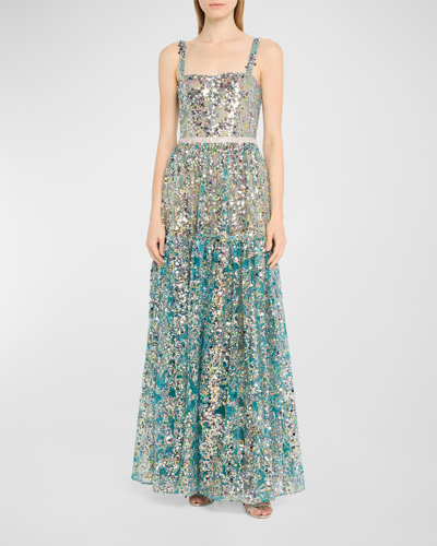 Shop Bronx And Banco Midnight Sleeveless Sequin Square-neck Gown In Turquoise