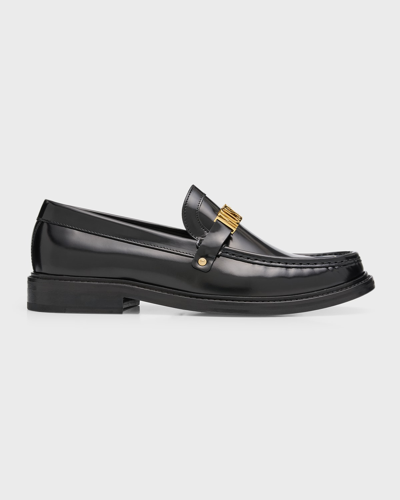 Shop Moschino Men's College Leather Penny Loafers In Black