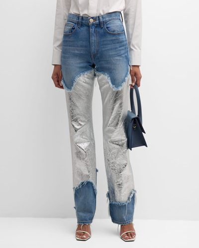 Shop Brandon Maxwell The Cortlandt Denim Pants With Metallic Leather Detail In Indigo &amp; Silver