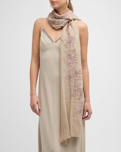Shop Bindya Accessories Floral Lace Cashmere-silk Evening Wrap In Ivory