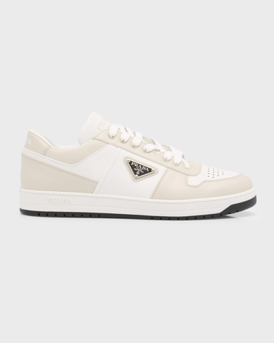 Shop Prada Men's Downtown Leather Low-top Sneakers In White Powder