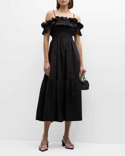 Shop Ganni Smocked A-line Cotton Poplin Midi Dress In Black