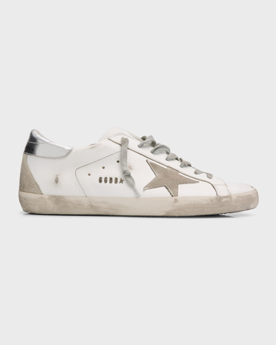 Shop Golden Goose Men's Super-star Metal-logo Leather Low-top Sneakers In Whiteicesilver