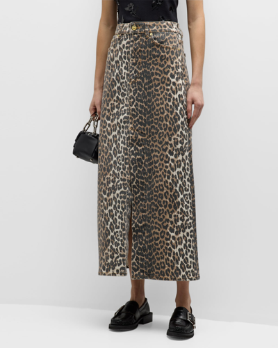 Shop Ganni Leopard-print Denim Maxi Skirt