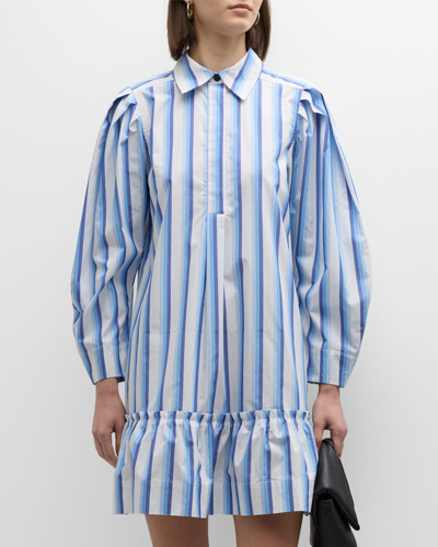 Shop Ganni Stripe Cotton Mini Shirtdress In Silver Lake Blue
