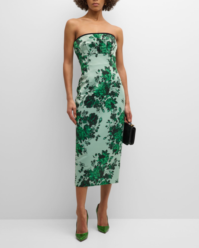 Shop Emilia Wickstead Adalina Strapless Floral Empire-waist Sheath Midi Dress In Green Festive Bou