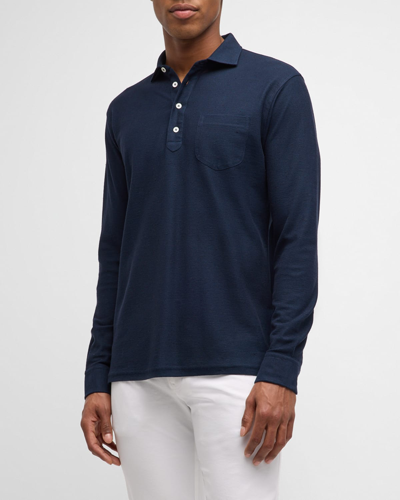Shop Peter Millar Men's Croxley Long-sleeve Polo Shirt In Navy