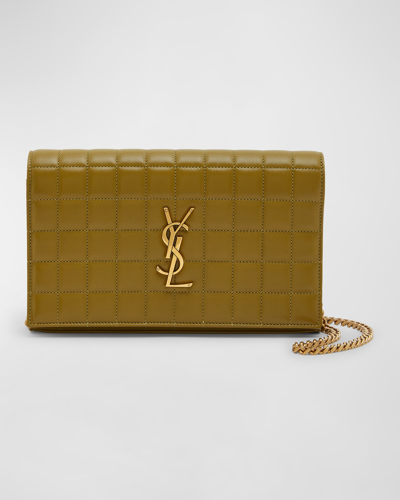 Shop Saint Laurent Cassandre Ysl Wallet On Chain In Quilted Smooth Leather In Vert Olive
