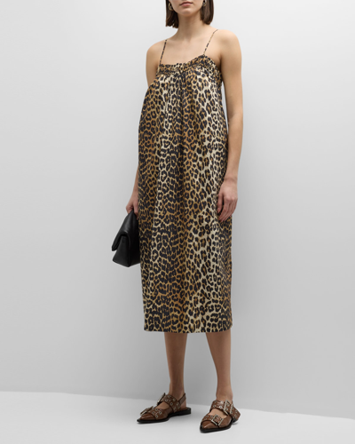 Shop Ganni Spaghetti Strap Leopard-print Midi Dress