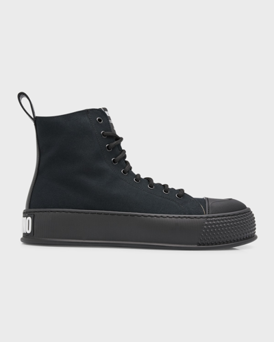Shop Moschino Men's Bumps And Stripes Canvas High-top Sneakers In Black