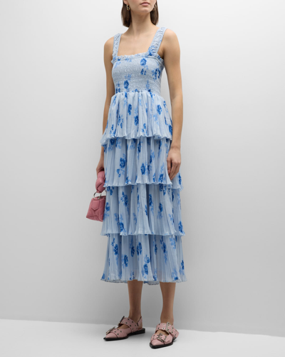 Shop Ganni Floral Pleated Georgette Midi Dress In Heather