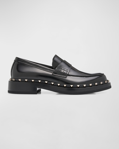 Shop Valentino Men's Rockstud M-way Penny Loafers In Black