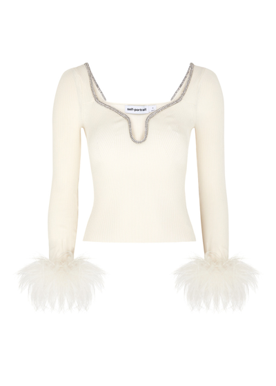 Shop Self-portrait Feather-trimmed Ribbed-knit Top In Off White