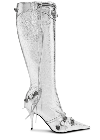 Shop Balenciaga Cagole 90 Metallic Leather Knee-high Boots In Silver