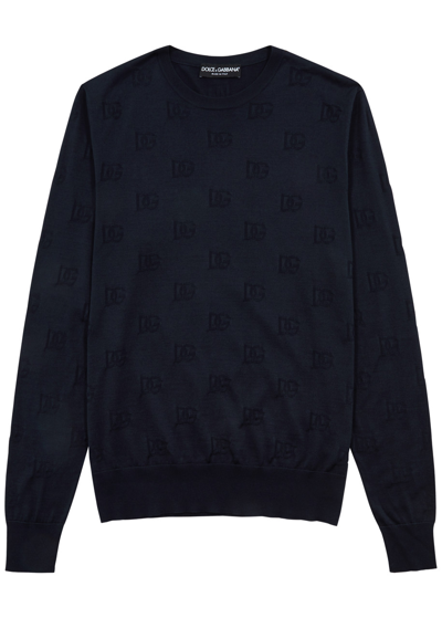 Shop Dolce & Gabbana Logo-jacquard Knitted Silk Jumper In Navy