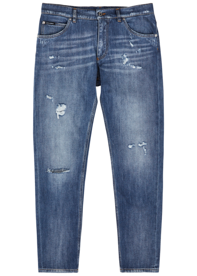 Shop Dolce & Gabbana Distressed Slim-leg Jeans In Light Blue