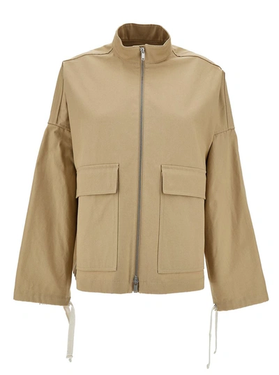 Shop Jil Sander Beige Jacket With Leather Logo Patch In Cotton Canvas Woman
