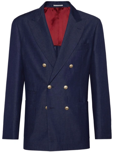 Shop Brunello Cucinelli Wool And Linenc Blend Double-breasted Jacket In Denim