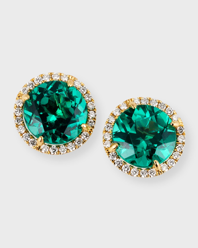 Shop Frederic Sage 18k Yellow Gold Round Lab Grown Emerald Earrings With Diamond Halos
