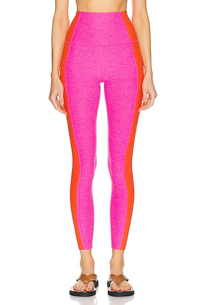 Shop Beyond Yoga Spacedye Vitality Colorblock High Waisted Midi Legging In Pink Punch & Firecracker Red Block