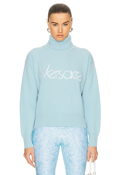 Shop Versace 90's Embroidered Knit Sweater In Pale Blue