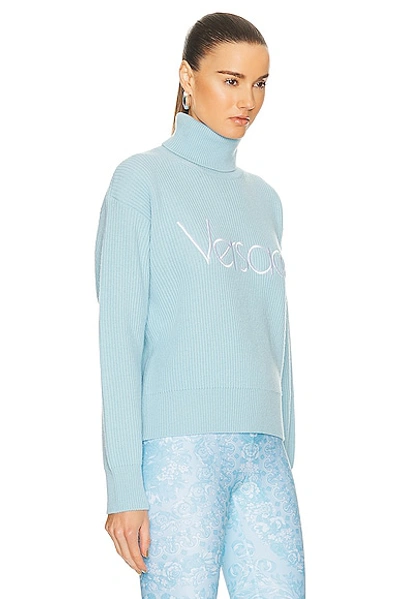 Shop Versace 90's Embroidered Knit Sweater In Pale Blue