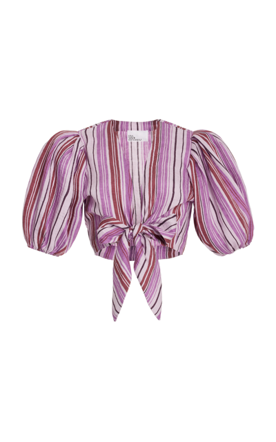 Shop Lisa Marie Fernandez Pouf Tie-detailed Linen-blend Crop Top In Stripe