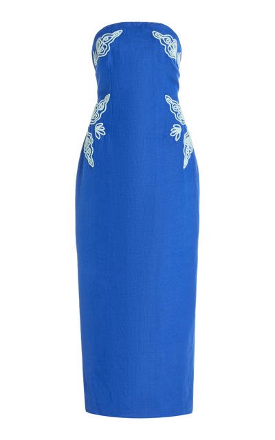 Shop Significant Other Rosslyn Strapless Embroidered-slub Midi Dress In Blue