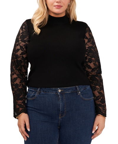 Shop Vince Camuto Plus Size Mock-neck Lace-sleeve Sweater In Rich Black