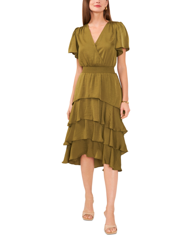 Shop Vince Camuto Women's V-neck Smock Waist Tiered Layer Dress In Olive