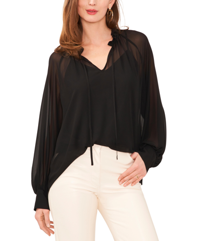 Shop Vince Camuto Women's Ruffled Neck Long Balloon Sleeve Top In Rich Black