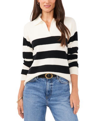 Shop Vince Camuto Women's Wide-stripe Polo-collar Sweater In Antiq White