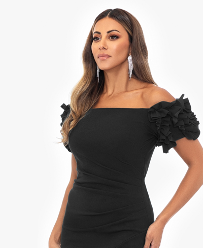 Shop Xscape Petite Off-the-shoulder Ruffle-sleeve Midi Dress In Black
