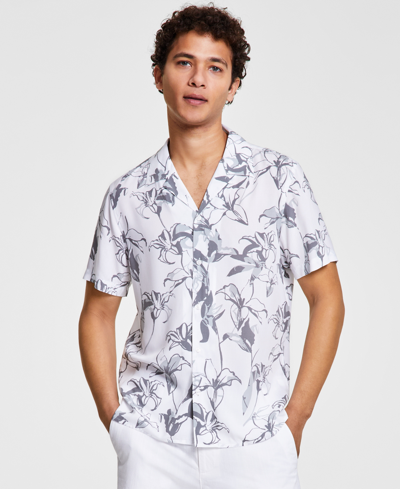 Shop Inc International Concepts Men's Lily Bloom Regular-fit Floral-print Button-down Camp Shirt, Created For Macy's In Bright White