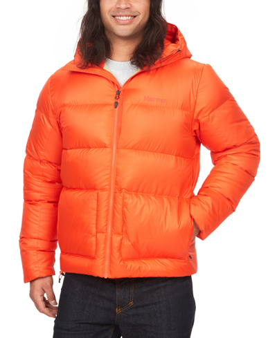 Shop Marmot Men's Guides Quilted Full-zip Hooded Down Jacket In Flame