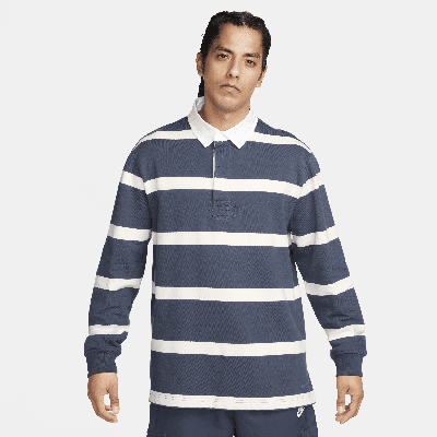 Shop Nike Men's Life Striped Heavyweight Rugby Shirt In Blue
