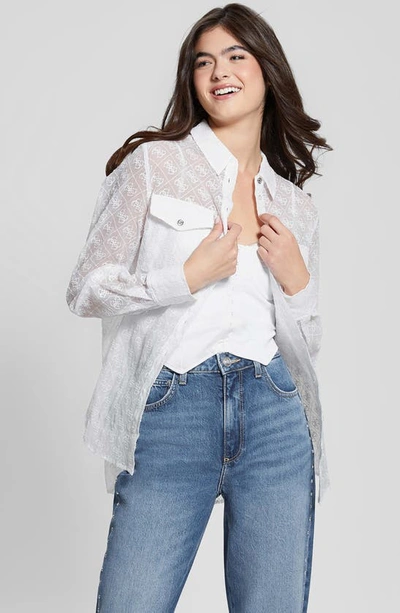 Shop Guess Logo Embroidery Sheer Button-up Shirt In White