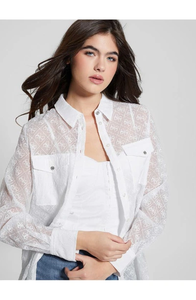 Shop Guess Logo Embroidery Sheer Button-up Shirt In White