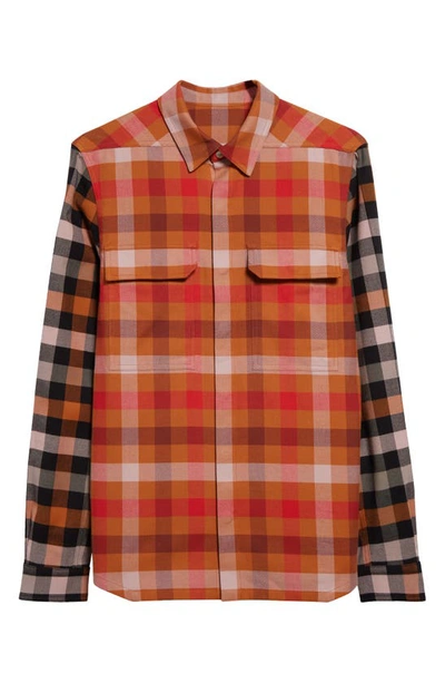 Shop Rick Owens Strap Back Colorblock Check Cotton Snap-up Shirt In Clay Plaid/ Black Plaid