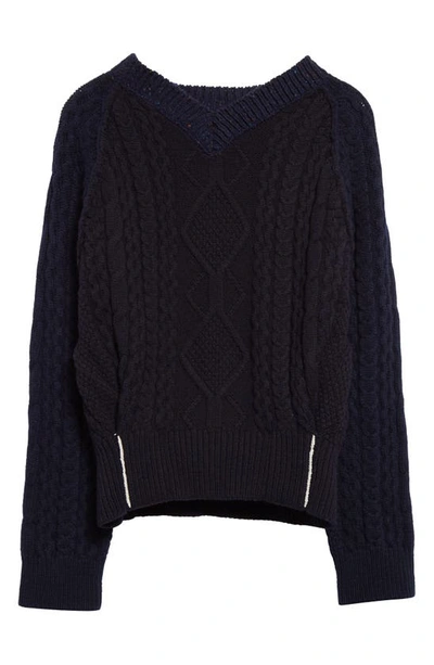 Shop Victoria Beckham Contrast V-neck Cable Stitch Lambswool Sweater In Navy