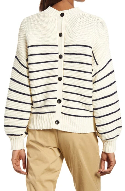 Shop Alex Mill Stripe Button Back Cotton Crewneck Sweater In Ivory/ Dark Navy