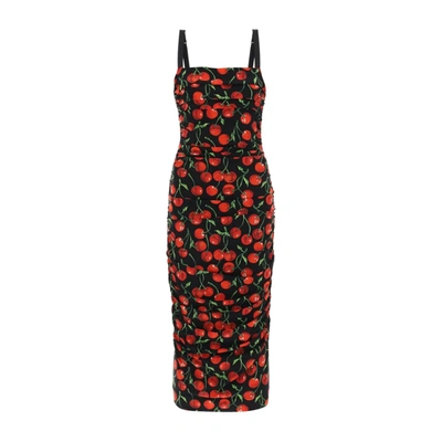 Shop Dolce & Gabbana Cherry Print Jersey Midi Dress In Black
