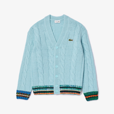 Shop Lacoste Unisex Loose Fit Cable Knit Striped Cardigan In Blue