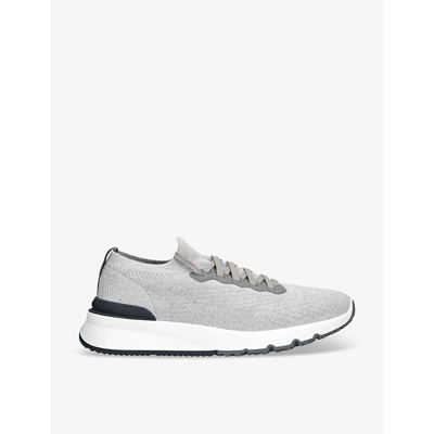 Shop Brunello Cucinelli Mens Grey/other Brand-embossed Knitted Fabric Low-top Trainers