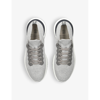 Shop Brunello Cucinelli Men's Grey/other Brand-embossed Knitted Fabric Low-top Trainers