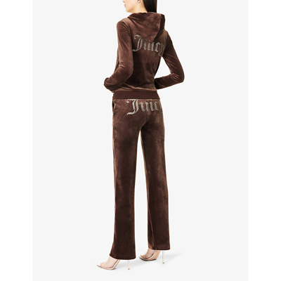 Shop Juicy Couture Women's Bitter Chocolate Robertson Logo-embellished Velour Hoody In Brown