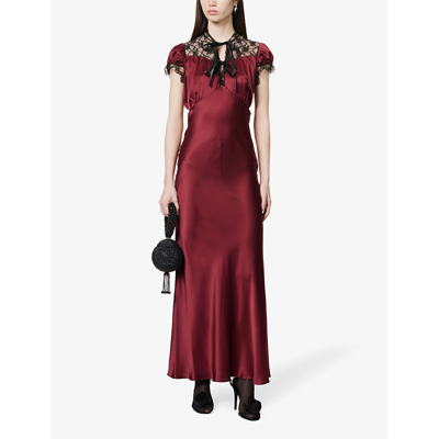 Shop Rodarte Women's Red Lace-trim Flared-hem Silk Maxi Dress